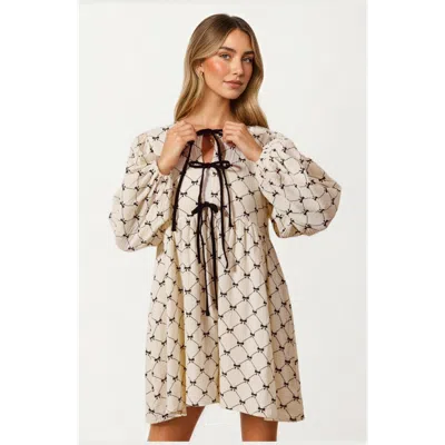 Knit & Lounge Knit And Lounge Bow Tie Front Soft Diamond Pattern Mini Dress In Neutral