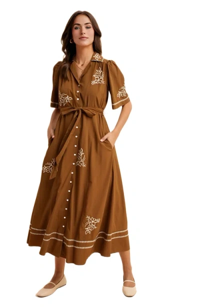 Knit & Lounge Knit And Lounge Button-down Maxi Dress With Embroidery And Waist Tie In Brown