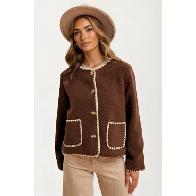 Knit & Lounge Knit And Lounge Button Front Contrast Trim Fleece Jacket In Brown