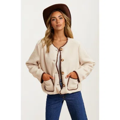 Knit & Lounge Knit And Lounge Button Front Contrast Trim Fleece Jacket In White