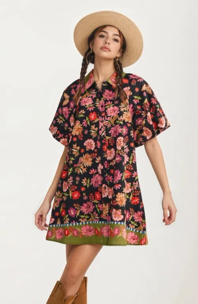 Knit & Lounge Knit And Lounge Button Front Floral Shirt Dress In Black