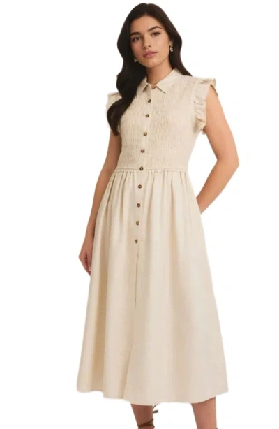 Knit & Lounge Knit And Lounge Button-front Midi Dress With Smocked Bodice And Ruffle Sleeves In Neutral