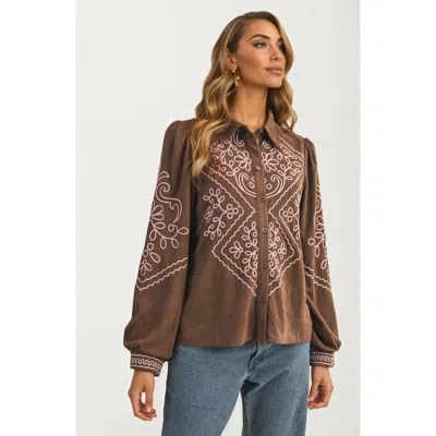 Knit & Lounge Knit And Lounge Button Up Blouse With Embroidery Details In Brown
