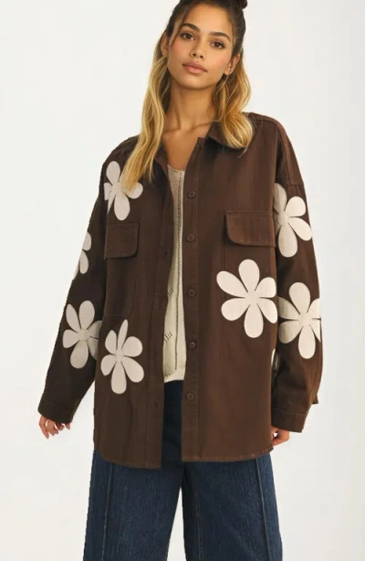 Knit & Lounge Knit And Lounge Button-up Floral Appliqué Shirt Jacket In Brown