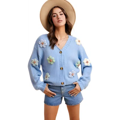 Knit & Lounge Knit And Lounge Button-up Flower Embellished Cardigan In Blue
