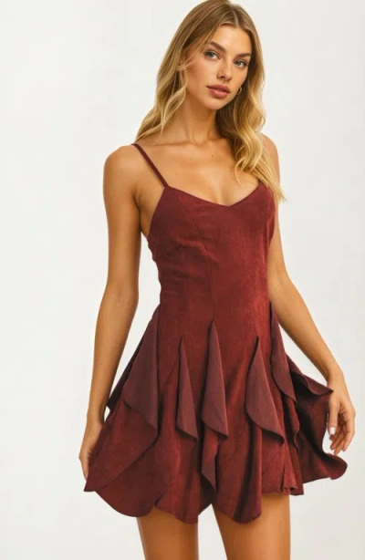 Knit & Lounge Knit And Lounge Cascading Ruffle Hem Strappy Mini Dress In Burgundy
