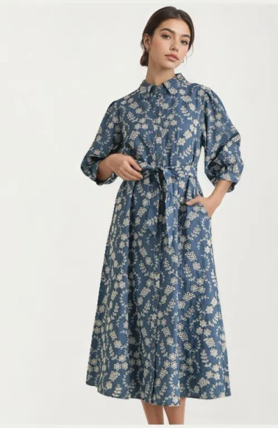 Knit & Lounge Knit And Lounge Collared Button-front Tie-waist Pocketed Midi Dress In Blue