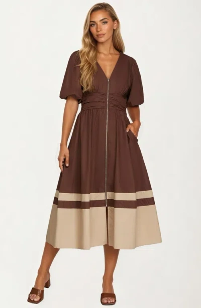 Knit & Lounge Knit And Lounge Colorblock Zip Front Midi Dress In Brown
