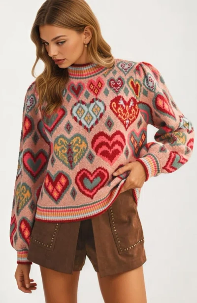 Knit & Lounge Knit And Lounge Colorful Heart Print Knit Sweater In Multi
