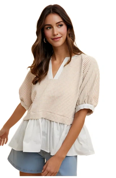 Knit & Lounge Knit And Lounge Contrast Hem Grid Blouse In Neutral