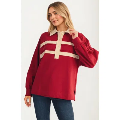 Knit & Lounge Knit And Lounge Contrast Trim Collared Pullover Top In Red