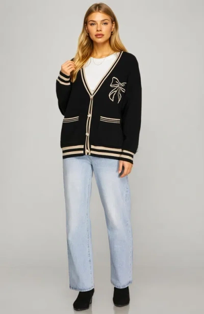 Knit & Lounge Knit And Lounge Contrast Trm Bow Detail Cardigan In Black