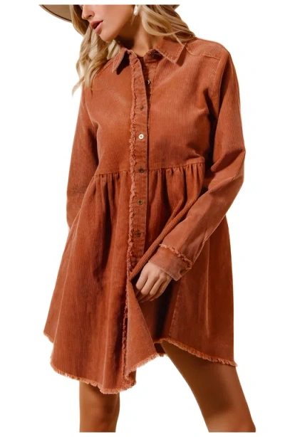 Knit & Lounge Knit And Lounge Corduroy Shirt Dress With Frayed Trim And Button Front Detail In Brown