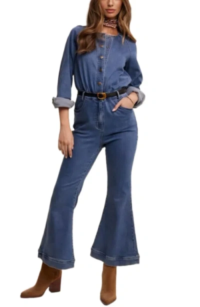 Knit & Lounge Knit And Lounge Denim Button-front Flare Jumpsuit In Blue