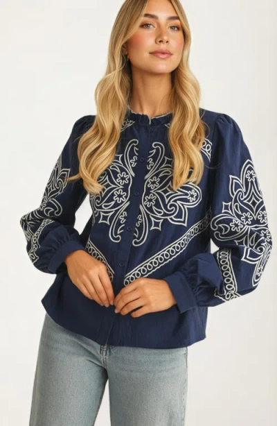 Knit & Lounge Knit And Lounge Embroidered Button-front Puff-sleeve Blouse In Blue