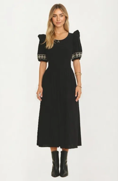 Knit & Lounge Knit And Lounge Embroidered Cuff Puff Sleeve Midi Dress In Black