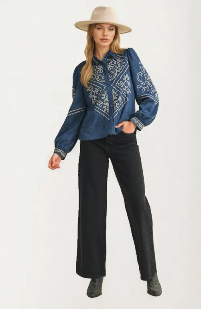 Knit & Lounge Knit And Lounge Embroidered Denim Button-down Blouse In Blue