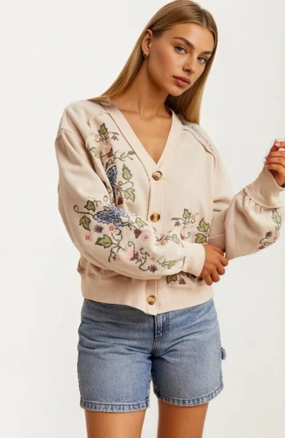Knit & Lounge Knit And Lounge Embroidered Floral Button Front Cardigan In Neutral