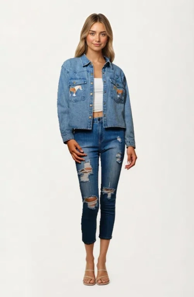 Knit & Lounge Knit And Lounge Embroidered Horse Pockets Denim Jacket In Blue