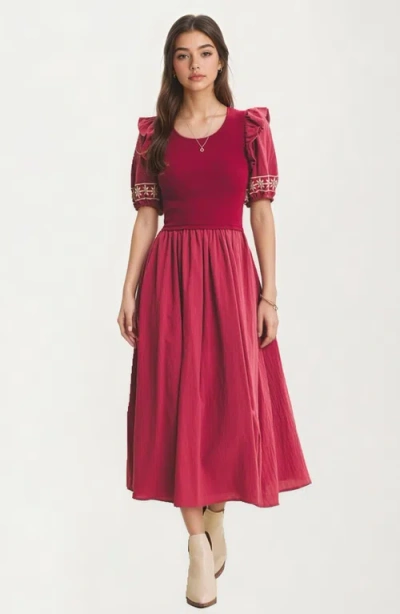 Knit & Lounge Knit And Lounge Embroidered Trim Puff Sleeve Midi Dress In Burgundy