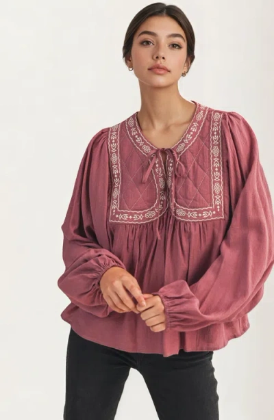 Knit & Lounge Knit And Lounge Embroidered Yoke Tie Neckline Flowy Long Sleeve Blouse In Pink