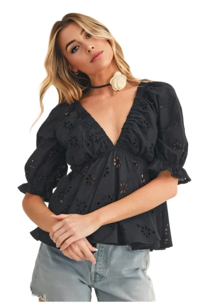 Knit & Lounge Knit And Lounge Eyelet Deep V-neckline Peplum Top In Black