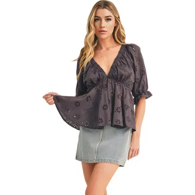 Knit & Lounge Knit And Lounge Eyelet Peplum Top With Puff Sleeves In Brown