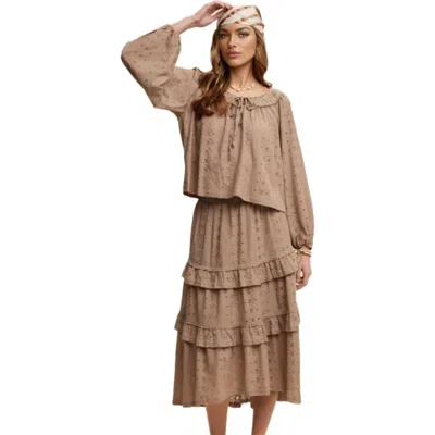 Knit & Lounge Knit And Lounge Eyelet Tiered Boho Skirt And Top Set In Brown