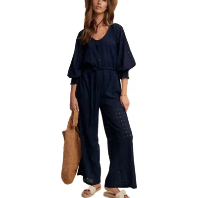 Knit & Lounge Knit And Lounge Eyelet Wide-leg Adjustable Waist Jumpsuit In Black