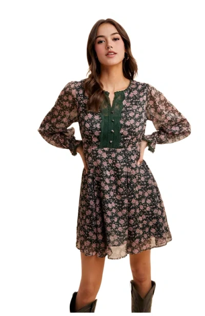 Knit & Lounge Knit And Lounge Floral Chiffon Sheer Sleeve Lace Trim Mini Dress In Brown