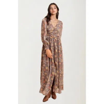 Knit & Lounge Knit And Lounge Floral Chiffon Smocked Sleeve Flowing Skirt Maxi Dress In Brown