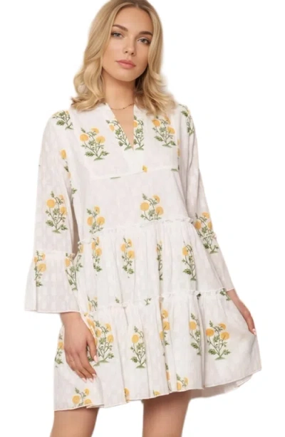 Knit & Lounge Knit And Lounge Floral Embroidered Tiered Bell Sleeve Mini Dress In White