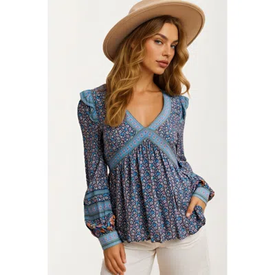 Knit & Lounge Knit And Lounge Floral Print Boho Blouse With Contrast Trim V-neck In Blue