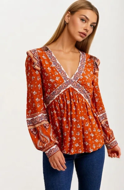 Knit & Lounge Knit And Lounge Floral Print Contrast Trim V-neck Boho Blouse In Orange