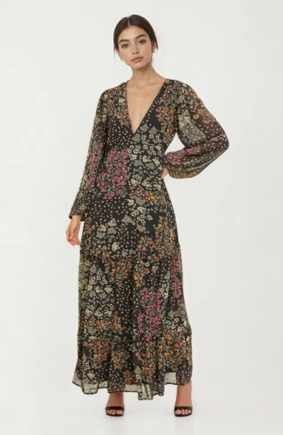 Knit & Lounge Knit And Lounge Floral Print Long Sleeve Maxi Dress With Deep V-neckline In Multi