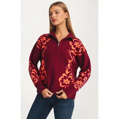Knit & Lounge Knit And Lounge Floral Quarter-zip Sweater In Burgundy