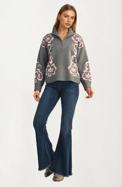 Knit & Lounge Knit And Lounge Floral Quarter Zip Sweater In Gray