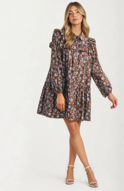 Knit & Lounge Knit And Lounge Floral Ruffle Tiered Mini Dress In Brown