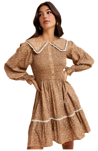 Knit & Lounge Knit And Lounge Floral Shirred Mini Dress With Lace Trim & Peter Pan Collar In Brown