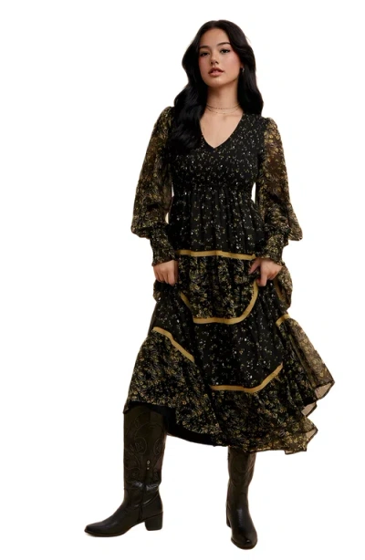 Knit & Lounge Knit And Lounge Floral Tiered Long Sleeve Midi Dress With Contrast Trim In Black