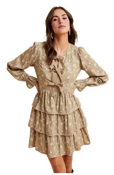 Knit & Lounge Knit And Lounge Floral Tiered Mini Dress With Bow Detail In Neutral