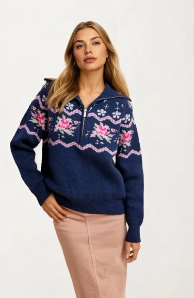 Knit & Lounge Knit And Lounge Half-zip Floral Fair Isle Sweater In Blue