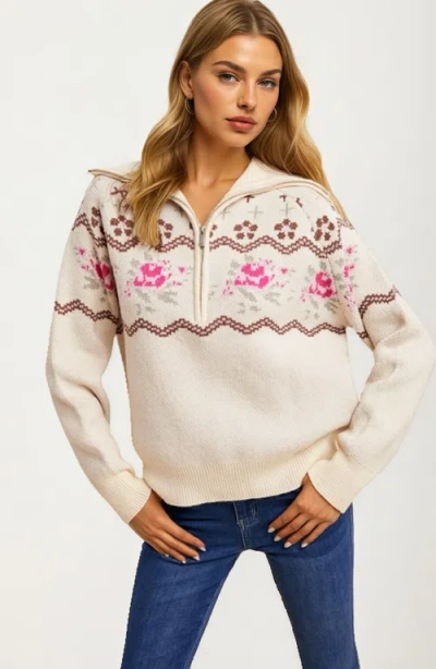 Knit & Lounge Knit And Lounge Half-zip Floral Fair Isle Sweater In Multi