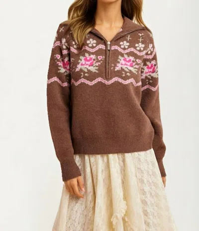Knit & Lounge Half-zip Sweater With Floral Fair Isle Pattern In Mocha Blossom In Brown