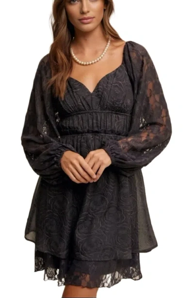 Knit & Lounge Knit And Lounge Lace Long Sleeve Ruffle Layer Mini Dress In Black