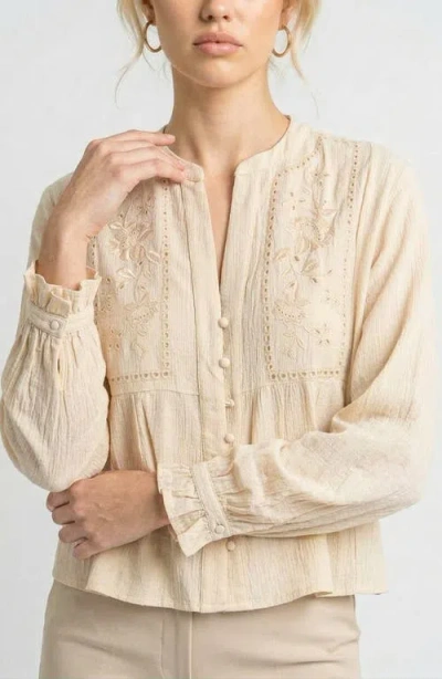 Knit & Lounge Long Sleeve Blouse With Split Neck And Embroidered Panels