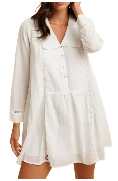 Knit & Lounge Knit And Lounge Long Sleeve Button-front Babydoll Dress With Crochet Trim In White