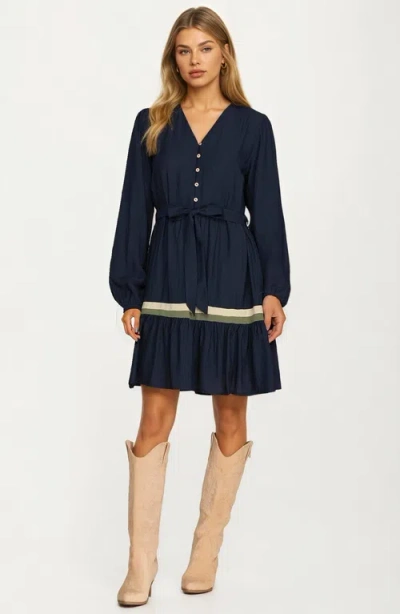 Knit & Lounge Knit And Lounge Long Sleeve Button Front Mini Dress With Tie Waist In Blue