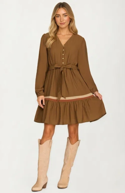 Knit & Lounge Knit And Lounge Long Sleeve Button Front Mini Dress With Tie Waist In Brown