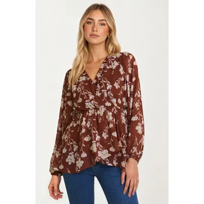 Knit & Lounge Knit And Lounge Long Sleeve Floral Empire Waist Wrap Blouse In Brown